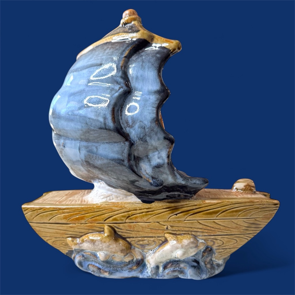 Vintage Handcrafted Ceramic Sailing Ship Clipper Sculpture With Dolphins MCM